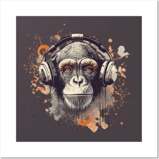 Monkey with headset listening music Posters and Art